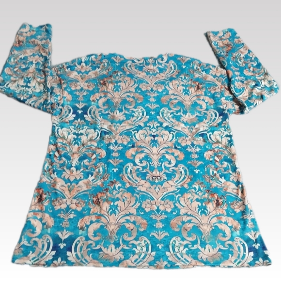 Just Fashion Pullover Top M Blue Paisley Mock Button Collar Soft Cozy Pullover - Picture 2 of 13